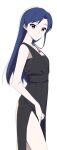  1girl bare_arms black_dress blue_hair breasts brown_eyes closed_mouth dress hair_intakes idolmaster idolmaster_(classic) jewelry kisaragi_chihaya long_dress long_hair looking_at_viewer pendant ruby_(gemstone) side_slit simple_background sleeveless sleeveless_dress small_breasts solo standing straight_hair touon very_long_hair white_background 