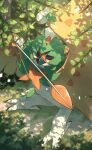  arrow_(projectile) beak blurry branch commentary_request decidueye from_above highres leaf makoto_ikemu no_humans orange_eyes pokemon pokemon_(creature) signature solo standing 