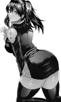  1girl black_order_uniform breasts d.gray-man daraz18aka earrings from_behind greyscale hair_between_eyes highres jewelry lenalee_lee long_hair long_sleeves looking_at_viewer looking_back medium_breasts miniskirt monochrome parted_lips pleated_skirt skirt sleeve_cuffs solo thigh-highs twintails white_background zettai_ryouiki 