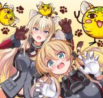  2girls :3 anchor_hair_ornament animal_ears aqua_eyes bismarck_(kancolle) blonde_hair blue_eyes blush breasts cat chibi claw_pose eyebrows_visible_through_hair gloves gradient gradient_background hair_between_eyes hair_ornament hands_up highres kantai_collection kemonomimi_mode kuroten large_breasts long_hair looking_at_viewer low_twintails military military_uniform multiple_girls open_mouth panties paw_print paw_print_background prinz_eugen_(kancolle) sidelocks tail tiger_ears tiger_tail twintails underwear uniform white_gloves 