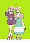  2girls :p animal_ears bangs blonde_hair blouse cardigan crossed_legs fox_ears fox_girl fox_tail green_eyes hand_up highres holding_hands hololive jacket loose_socks momosuzu_nene multicolored_hair multiple_girls nanawo_(7nanawo) neckerchief official_alternate_costume omaru_polka open_mouth pleated_skirt shoes skirt standing streaked_hair tail tongue tongue_out v violet_eyes virtual_youtuber 