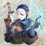  1girl anemia_kwus apex_legends black_jacket breasts brown_gloves character_name deep_current_wattson electricity energy_reader_(apex_legends) gloves grey_shirt highres holding jacket medium_breasts one_eye_covered pointing shirt silver_hair smile solo twitter_username upper_body wattson_(apex_legends) yellow_eyes 