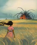 1girl artist_name brown_hair building clouds commentary dark-skinned_female dark_skin day dress english_commentary floating_hair from_behind geneva_bowers grass hairlocs highres house long_hair monster original outdoors pink_dress scenery solo standing tall_grass watermark wind 