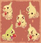  :d apple brown_background closed_mouth commentary_request food fruit happy highres holding holding_food holding_fruit larvitar multiple_views no_humans pokemon pokemon_(creature) signature smile standing su_(sajo_su5) 