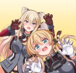  2girls :3 anchor_hair_ornament animal_ears aqua_eyes bismarck_(kancolle) blonde_hair blue_eyes blush breasts claw_pose eyebrows_visible_through_hair gloves gradient gradient_background hair_between_eyes hair_ornament hands_up highres kantai_collection kemonomimi_mode kuroten large_breasts long_hair looking_at_viewer low_twintails military military_uniform multiple_girls open_mouth panties prinz_eugen_(kancolle) sidelocks tail tiger_ears tiger_tail twintails underwear uniform white_gloves 