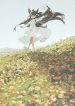  1girl :d animal_ears apple_on_head bangs bare_legs blue_eyes blush brown_hair commentary day dress film_grain flower full_body grass hair_between_eyes highres horizon long_hair open_mouth original outdoors outstretched_arms potg_(piotegu) smile solo standing sunlight white_dress 