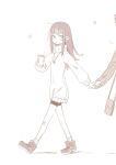  1girl 1other :o ahoge akari_(raigou) bag bangs cup disposable_cup full_body holding holding_cup holding_hands jewelry light_blush long_hair long_sleeves looking_to_the_side monochrome necklace original parted_lips raigou shoes short_shorts shorts shoulder_bag socks solo_focus standing steam sweater thick_eyebrows walking 