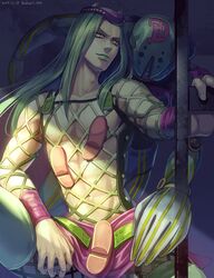  2boys diver_down_(stand) dyresbroom fishnet_top fishnets footprints green_hair green_lips hat jojo_no_kimyou_na_bouken long_hair multiple_boys narciso_anasui stand_(jojo) yellow_eyes 