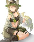  1girl animal_ears arknights bandeau bangs bare_shoulders beanstalk_(arknights) black_choker black_footwear black_headwear boots braid breasts choker commentary_request ears_through_headwear fedora grey_eyes grey_hair grey_shirt hair_between_eyes hat highres infection_monitor_(arknights) long_hair looking_at_viewer metal_crab_(arknights) midriff navel ninjunker off_shoulder parted_lips shirt simple_background single_braid sitting small_breasts solo stomach strapless tail tube_top wariza white_background 