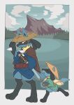  border brown_headwear closed_eyes clothed_pokemon clouds commentary day evolutionary_line hat hatted_pokemon highres lucario mountain outdoors pkpokopoko3 pokemon pokemon_(creature) riolu sash sky smile standing toes white_border 