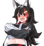  1girl animal_ear_fluff animal_ears bangs black_hair black_hoodie blush breasts brown_eyes commentary_request daichi_(daichi_catcat) hair_ornament hairclip highres hololive hood hoodie hoodie_lift lifted_by_self long_hair long_sleeves looking_at_viewer midriff multicolored_hair navel ookami_mio open_mouth redhead simple_background solo streaked_hair upper_body virtual_youtuber white_background white_hoodie wolf_ears 