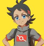 1boy absurdres antenna_hair backpack bag bangs black_hair blue_eyes brown_bag closed_mouth commentary_request eyelashes goh_(pokemon) grey_shirt highres kariba_rika looking_at_viewer male_focus pokemon pokemon_(anime) pokemon_swsh_(anime) shirt short_hair short_sleeves smile solo upper_body 