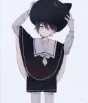  1boy androgynous animal_ears bishounen black_hair blue_hair capelet cat cat_ears colored_tips earrings jewelry long_sleeves looking_at_viewer male_focus original pale_skin pid_ut short_shorts shorts solo yellow_eyes 