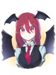  1girl bat_wings black_vest breasts cropped_torso eyebrows_visible_through_hair garasuno hair_between_eyes head_wings koakuma light_blush looking_at_viewer medium_breasts necktie red_necktie simple_background smile solo touhou upper_body vest white_background wing_collar wings 