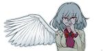  1girl angel_wings arm_up bangs beige_jacket blush_stickers bow bowtie braid breasts collared_dress commentary covered_mouth dress emerald_(gemstone) eyelashes feathered_wings french_braid hand_to_own_mouth highres kishin_sagume long_sleeves looking_at_viewer medium_breasts one-hour_drawing_challenge purple_dress red_bow red_bowtie red_eyes scavia10 short_hair silver_hair simple_background single_wing slit_pupils solo standing touhou upper_body white_background wing_collar wings 