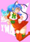  1girl animal_ears background_text bangs bell blue_hair bow_legwear braid cat_ears cat_girl cat_tail christmas christmas_ornaments claw_pose commentary dress english_commentary english_text fang floating fur_cuffs green_ribbon hair_ribbon jj_(ssspulse) legs_up long_hair looking_at_viewer merry_christmas neck_bell neck_ribbon open_mouth precure prunce_(precure) purple_background red_dress red_legwear ribbon santa_dress short_dress short_sleeves simple_background solo star_twinkle_precure tail thigh-highs yellow_eyes yuni_(precure) 