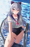  1girl :o absurdres aircell bandaid bangs blue_swimsuit blush bow bronya_zaychik bronya_zaychik_(silverwing:_n-ex) drill_hair grey_eyes grey_hair hair_bow highres holding honkai_(series) honkai_impact_3rd long_hair looking_at_viewer one-piece_swimsuit open_mouth pool pool_ladder poolside sailor_collar short_sleeves solo swimsuit twin_drills water wet wet_clothes 