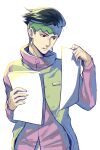  1boy black_eyes black_hair cheekbones diamond_wa_kudakenai dyresbroom earrings green_eyes green_hair headband holding holding_paper jewelry jojo_no_kimyou_na_bouken kishibe_rohan male_focus paper reading solo undercut vest 