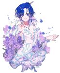  1boy androgynous bangs blue_hair detached_sleeves dress english_commentary flower gradient_hair hand_on_own_shoulder highres indie_virtual_youtuber multicolored_hair open_hand otoko_no_ko p0p0 pearl_(vtuber) pectoral_cleavage pectorals purple_flower purple_hair second-party_source solo white_background white_dress 