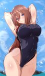 1girl arm_behind_head armpits black_swimsuit blue_eyes blue_sky breasts brown_hair clouds commentary_request competition_swimsuit covered_navel cowboy_shot day fisheye go-toubun_no_hanayome highleg highleg_swimsuit highres island large_breasts long_hair nakano_miku ocean one-piece_swimsuit outdoors presenting_armpit sky solo swimsuit water_drop yuzu_ren 