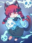  :3 animal_ear_fluff animal_ears black_bow blue_background blue_fire blush bow braid cat_ears cat_tail dress facial_mark fire flaming_skull floating_skull footwear_bow fried_rice0614 ghost green_dress highres hitodama holding holding_skull juliet_sleeves kaenbyou_rin leg_ribbon long_sleeves multiple_tails one-hour_drawing_challenge puffy_sleeves red_eyes redhead ribbon skull slit_pupils tail touhou twin_braids two_tails whisker_markings whiskers 