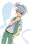  1boy adapted_costume belt blue_hairband blue_necktie buttons collared_shirt genderswap genderswap_(ftm) green_eyes green_legwear green_vest hairband highres konpaku_youmu konpaku_youmu_(ghost) necktie pants shirt silver_hair sleeves_rolled_up tanaka_nunu thumb_in_pocket touhou vest white_background white_shirt 