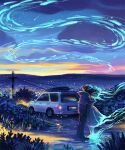  1boy 1girl artist_name car clouds commentary curly_hair dress english_commentary geneva_bowers glowing grass ground_vehicle highres hood hoodie hug medium_hair motor_vehicle original outdoors pants plant scenery shooting_star sky standing sunset utility_pole watermark 
