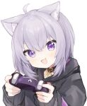  1girl :d ahoge animal_ear_fluff animal_ears bangs black_collar black_hoodie blush cat_ears collar commentary_request controller game_controller highres holding holding_controller holding_game_controller hololive hood hoodie long_sleeves looking_at_viewer medium_hair nekomata_okayu purple_hair simple_background smile solo upper_body violet_eyes virtual_youtuber wao_nwon white_background 
