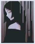  1girl absurdres black_hair black_shirt border bright_pupils dhjs_0010 expressionless gradient gradient_background grey_background grey_border highres long_hair looking_at_viewer muted_color original profile red_eyes shadow shirt sidelocks solo upper_body white_pupils 
