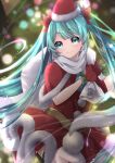  1girl absurdres bag bangs blue_eyes blue_hair blurry blurry_background capelet closed_mouth dress eyebrows_visible_through_hair floating_hair fur-trimmed_capelet fur-trimmed_dress fur-trimmed_gloves fur-trimmed_headwear fur_trim gift_bag gloves hat hatsune_miku highres holding holding_bag izumikiyomaru long_hair looking_at_viewer red_capelet red_dress red_gloves red_headwear santa_costume santa_hat shiny shiny_hair smile solo very_long_hair vocaloid 