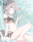  1girl animal_ear_fluff animal_ears arknights bangs bare_legs bare_shoulders barefoot behind-the-head_headphones bikini black_bikini blue_eyes cellphone commentary eyebrows_visible_through_hair grey_hair hair_between_eyes hand_up headphones highres holding holding_phone low_twintails navel parted_lips phone sansaro_rii see-through short_twintails sitting soles solo sussurro_(arknights) sussurro_(summer_flowers)_(arknights) swimsuit tail twintails 