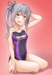  1girl anti_(untea9) black_swimsuit blush breasts collarbone competition_swimsuit covered_navel gradient gradient_background grey_hair highres kantai_collection kasumi_(kancolle) long_hair looking_at_viewer multicolored_clothes multicolored_swimsuit one-piece_swimsuit open_mouth pink_background purple_swimsuit side_ponytail silver_hair sitting small_breasts solo swimsuit twitter_username wariza yellow_eyes 