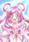  1girl :d blue_background blush butterfly_brooch cure_dream earrings flower_brooch hair_rings jewelry long_hair looking_at_viewer magical_girl open_mouth pink_hair pink_theme precure shining_dream shiny shiny_hair shunciwi smile solo upper_body v violet_eyes white_wings wing_hair_ornament wings wrist_cuffs yes!_precure_5 yes!_precure_5_gogo! yumehara_nozomi 