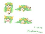  &gt;_&lt; 1girl abababu000 bangs blush chibi closed_eyes commission commissioner_upload dress green_hair jewelry kid_icarus kid_icarus_uprising long_hair lying on_stomach open_mouth palutena parted_bangs pillowtena single_thighhigh skeb_commission smile solo thigh-highs very_long_hair white_dress 