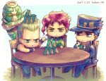  4boys black_hair blue_eyes chain chibi dyresbroom earrings flat_top green_eyes grey_hair hierophant_green house_of_cards jean_pierre_polnareff jewelry jojo_no_kimyou_na_bouken kakyoin_noriaki kujo_jotaro male_focus multiple_boys redhead round_table stand_(jojo) stardust_crusaders violet_eyes 