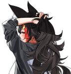  1girl animal_ear_fluff animal_ears arms_behind_head arms_up black_hair black_hoodie blush brown_eyes closed_mouth commentary_request daichi_(daichi_catcat) from_behind hair_ornament hairclip highres hololive hood hoodie long_hair long_sleeves looking_at_viewer looking_back multicolored_hair ookami_mio redhead simple_background solo streaked_hair upper_body virtual_youtuber white_background wolf_ears 