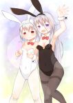  2girls :d :i animal_ears arm_grab arm_up bangs black_hairband black_leotard bow bowtie breasts brown_legwear closed_mouth collar commentary_request covered_navel detached_collar eyebrows_visible_through_hair fake_animal_ears feet_out_of_frame grey_hair hair_between_eyes hairband highres knees_together_feet_apart leotard long_hair multiple_girls original pantyhose playboy_bunny pout rabbit_ears red_bow red_bowtie red_eyes silver_hair small_breasts smile standing standing_on_one_leg su_guryu thighband_pantyhose very_long_hair violet_eyes white_collar white_hairband white_legwear white_leotard wing_collar wrist_cuffs 