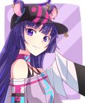  1girl animal_ears bangs bare_shoulders baseball_cap black_headwear character_request closed_mouth e20 ear_piercing ears_through_headwear eyebrows_visible_through_hair grey_shirt halo hat long_hair looking_at_viewer off-shoulder_shirt off_shoulder piercing purple_hair shirt show_by_rock!! smile solo upper_body violet_eyes wings 