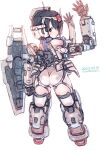  1girl artist_name ass bangs black_hair boots dated extra_arms from_behind green_eyes gundam gundam_0083 gundam_gp-01_zephyranthes highres holding holding_shield mecha_musume mechanical_arms open_hands personification rondo_bell shield short_hair solo thigh-highs thigh_boots v-fin 
