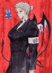  1girl breasts dorohedoro earrings formal gloves hair_bun highres jewelry long_hair muscular muscular_female necktie noi_(dorohedoro) park_ongjol red_eyes simple_background skirt solo tail white_hair wings 