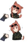  ! :| ? animal_ear_fluff animal_ears arknights ash_(rainbow_six_siege) ash_(ranger)_(rainbow_six_siege) black_gloves black_jacket braid cat_ears cat_tail cellphone closed_mouth commentary cropped_arms cropped_shoulders english_commentary eyewear_on_head gloves head_tilt highres holding holding_phone jacket long_hair nvi2762 parted_lips phone rainbow_six_siege raised_eyebrow redhead side_braid simple_background smartphone sunglasses sweatdrop tail triangle_mouth white_background 