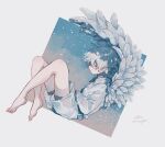  1boy absurdres angel angel_wings bishounen closed_eyes collared_shirt crescent full_body highres long_sleeves male_focus original pale_skin profile rainydays_1122 shirt shorts snow solo white_hair white_shirt wings 