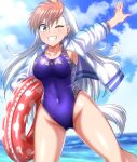  1girl absurdres blue_eyes blue_sky blue_swimsuit breasts clouds collarbone commentary_request competition_swimsuit covered_navel cowboy_shot day ghost_sweeper_mikami grin highres horizon innertube inuzuka_shiro jacket large_breasts letterman_jacket looking_at_viewer multicolored_clothes multicolored_hair multicolored_jacket ocean one-piece_swimsuit outdoors polka_dot_innertube redhead sky smile solo swimsuit two-tone_hair two-tone_jacket white_hair zanntetu 
