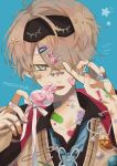  1boy absurdres bandaid blue_eyes bow brown_hair candy eye_mask fav_27 food hair_ornament hairclip heart highres jewelry lollipop looking_at_viewer male_focus original pale_skin rabbit ribbon ring solo sticker tongue tongue_out 