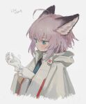  1girl adjusting_clothes adjusting_gloves ahoge animal_ear_fluff animal_ears arknights bangs blue_eyes blue_shirt blush bolero_(bo_le_ro66) closed_mouth cropped_torso eyebrows_behind_hair fox_ears gloves grey_background hair_between_eyes hands_up highres hood hood_down hooded_jacket jacket looking_away pink_hair shirt simple_background solo sussurro_(arknights) upper_body white_gloves white_jacket 