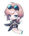  1boy apex_legends bangs blue_eyes blush chibi cosplay eyebrows_visible_through_hair floating gloves goggles goggles_on_head highres horizon_(apex_legends) horizon_(apex_legends)_(cosplay) kanae_(nijisanji) kom0980 looking_at_viewer male_focus mole mole_under_eye nijisanji open_hand sitting smile solo spacesuit symbol-only_commentary tied_hair virtual_youtuber white_background white_gloves 