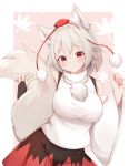  1girl :3 animal_ear_fluff animal_ears bare_shoulders blush bridal_gauntlets contrapposto cowboy_shot detached_sleeves hands_up hat inubashiri_momiji looking_at_viewer red_eyes rururiaru short_hair silver_hair solo tail tokin_hat touhou wide_sleeves wolf_ears wolf_tail 