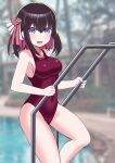  1girl azki_(hololive) black_hair blurry blurry_background breasts collarbone commentary_request competition_swimsuit covered_navel cowboy_shot highres hololive large_breasts looking_at_viewer multicolored_hair one-piece_swimsuit pink_hair pool_ladder purple_swimsuit ranobe-senka short_hair smile solo swimsuit two-tone_hair violet_eyes virtual_youtuber 
