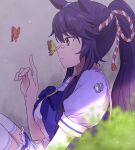  1girl animal_ears ayame_iro_(toumei_dolce) bangs black_hair blurry blurry_foreground bow bowtie bug butterfly butterfly_on_nose commentary_request depth_of_field from_side grain highres horse_ears horse_girl long_hair narita_brian_(umamusume) pointing pointing_up ponytail profile purple_shirt school_uniform shirt short_sleeves sidelocks sitting solo tied_hair tracen_school_uniform umamusume yellow_eyes 