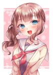  1girl :d bangs blue_eyes blush breasts brown_cardigan brown_hair cardigan commentary_request eyebrows_visible_through_hair floral_background grey_shirt head_tilt highres long_hair looking_at_viewer medium_breasts mochizuki_honami neckerchief open_cardigan open_clothes pink_background project_sekai red_neckerchief sailor_collar shirt side_ponytail sidelocks smile solo two-tone_background upper_body white_background white_sailor_collar yomogi_(becr) 